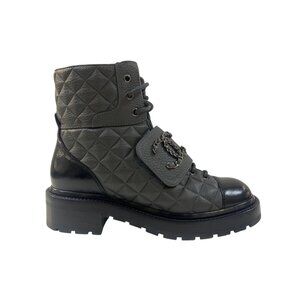 B-8. Chanel Quilted Combat Boot IT 37 US 7B Gray Black